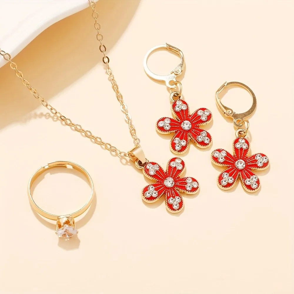 Enamel Red Flower Cubic Zirconia Jewelry Set – Necklace, Earrings & Ring, Versatile Elegant 3-Piece Set for Women, Unique Niche Gift with Sophisticated Floral Design